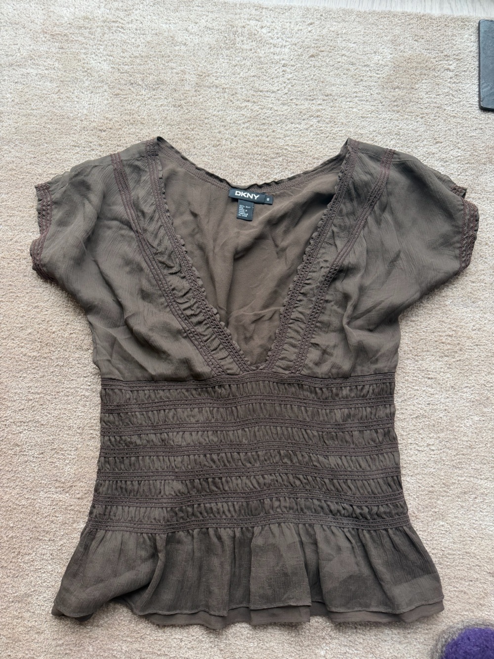 DKNY Chocolate Brown Short Sleeve Peplum Waist Top